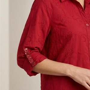 Catherines Red Cotton Embroidered Blouse Plus 3X Sequined Roll Tab 3/4 Sleeve